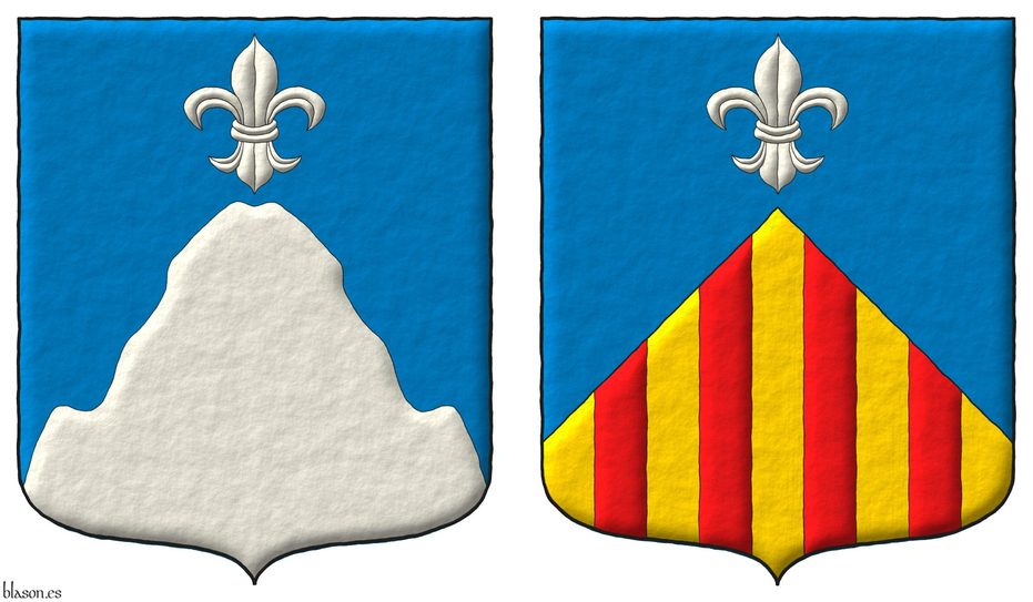 [ Azure, a mount issuant from the base, in chief a fleur the lis Argent ] and [ Party per chevron Azure and Or, in chief a fleur de lis Argent, in base four pallets Gules ].