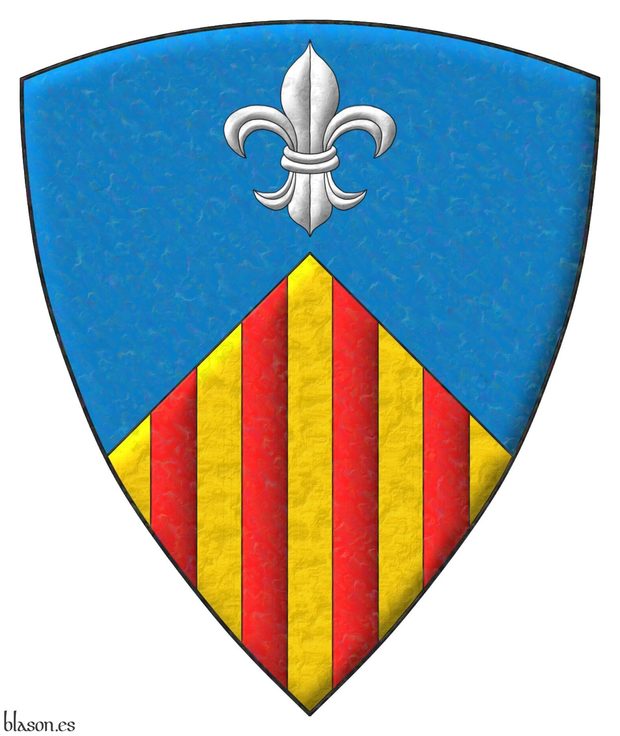 Party per chevron Azure and Or, in chief a fleur de lis Argent, in base four pallets Gules.