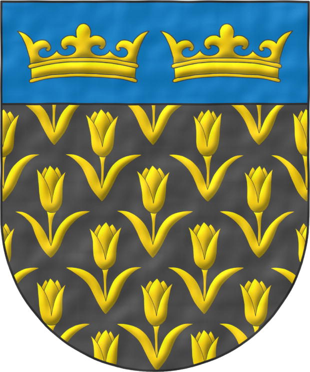 Sable, semé of Tulips Or; on a chief cousu Azure, two Crowns Or, in fess.