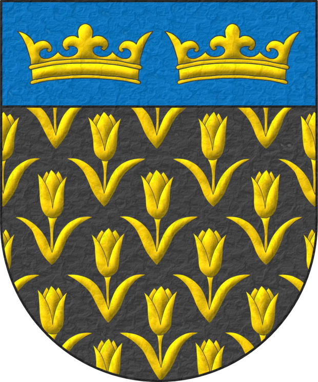 Sable, semé of Tulips Or; on a chief cousu Azure, two Crowns Or, in fess.
