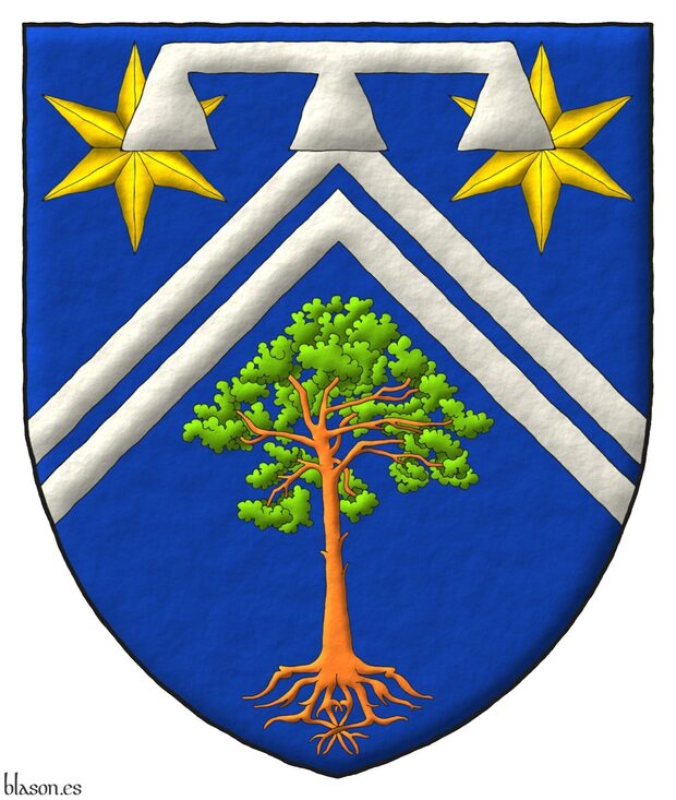 Escudo de azur, dos tenazas de plata, en cada flanco del jefe dos estrellas de seis puntas de oro y en la punta un pino silvestre (Pinus sylvestris) arrancado al natural [concesi�n G0066]; brisado de un lambel de tres pendientes de plata.