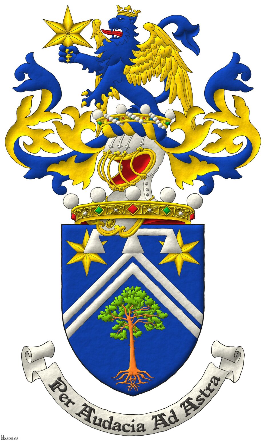 Escudo de azur, dos tenazas de plata, en cada flanco del jefe dos estrellas de seis puntas de oro y en la punta un pino silvestre (Pinus sylvestris) arrancado al natural [concesi�n G0066]; brisado de un lambel de tres pendientes de plata. Timbrado de un yelmo acorde con su rango como heredero de la baron�a saliente de una corona de noble sumada al escudo y adornado de dos lambrequines de azur doblados de oro, un burelete de oro y azur, cimado de un le�n de azur, saliente de una corona de bar�n, lampasado de gules, alado, armado, coronado y teniendo por su punta, en su diestra, una estrella de seis puntas todo de oro. Lema: �Per audacia ad astra�.