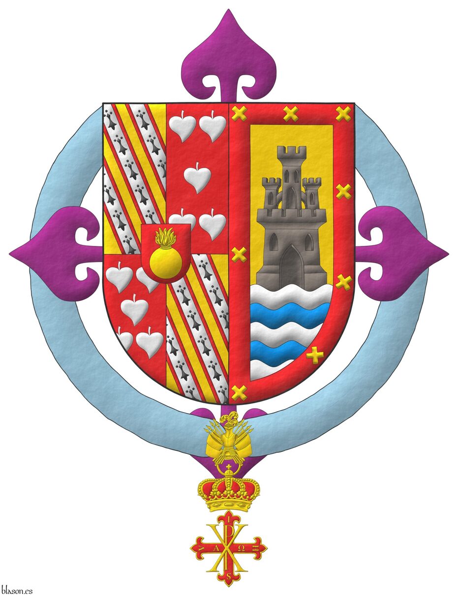 Party per pale: 1 quarterly: 1 and 4 Or, three bendlets Argent, fimbriated Gules, each charged with ermine spots; 2 and 3 Gules, five poplar leaves in saltire Argent; overall an inescutcheon Gules charged with a grenade Or; 2 Or, issuant from a sea wavy Argent and Azure, a castle triple-towered Sable; a bordure Gules charged with eight saltires couped Or. Behind the shield the cross of the Real Cuerpo de la Nobleza of Madrid. The shield is surrounded by the insignia of the Sacred Military Constantinian Order of St. George.