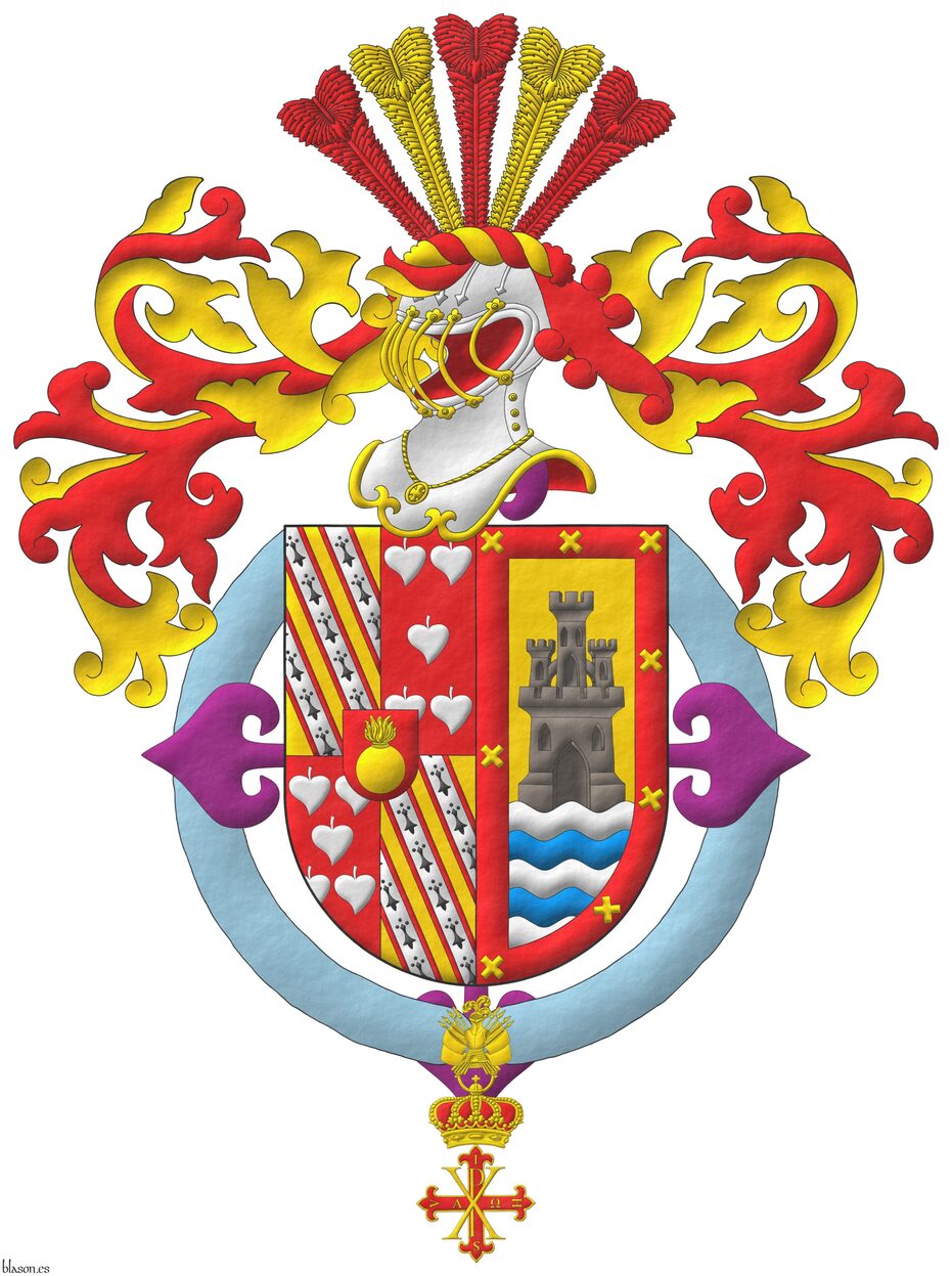 Party per pale: 1 quarterly: 1 and 4 Or, three bendlets Argent, fimbriated Gules, each charged with ermine spots; 2 and 3 Gules, five poplar leaves in saltire Argent; overall an inescutcheon Gules charged with a grenade Or; 2 Or, issuant from a sea wavy Argent and Azure, a castle triple-towered Sable; a bordure Gules charged with eight saltires couped Or. Crest: Upon a helm befitting his degree with a wreath Or and Gules, five ostrich feathers alternately Gules and Or. Mantling: Gules doubled Or. Behind the shield the cross of the Real Cuerpo de la Nobleza of Madrid. The shield is surrounded by the insignia of the Sacred Military Constantinian Order of St. George.