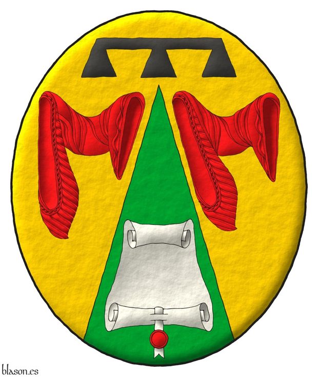 Escudo de oro, en una pira de sinople acompa�ada de dos mangas de gules, un pergamino abierto de plata, con un sello de lacre pendiente al natural; brisado de un lambel de tres pendientes de sable.