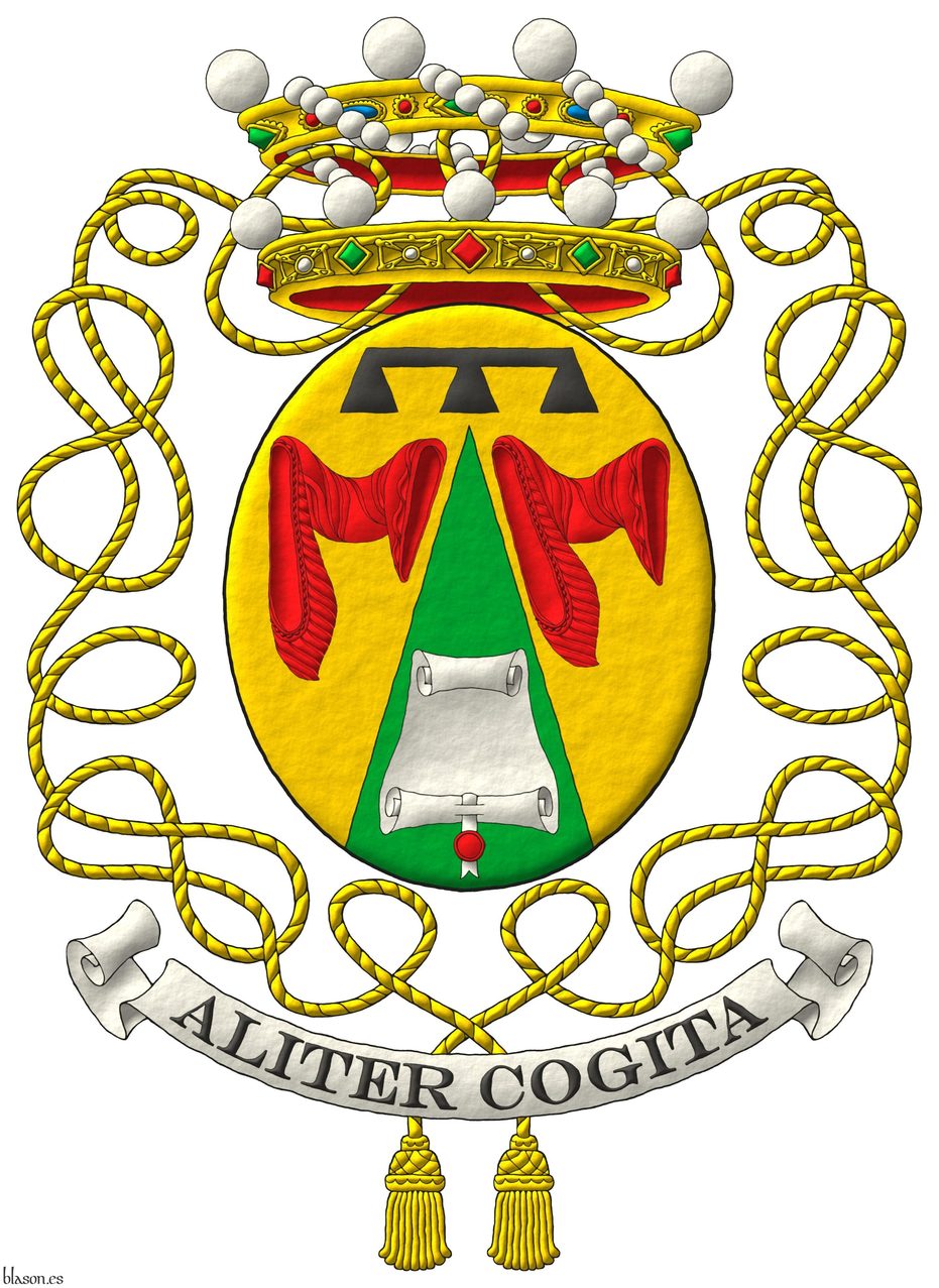 Or, on a pile issuant from base Vert between two maunches Gules a displayed scroll Argent with seal pendant proper. Crest: A crown of Noble surmounted by a crown of Baron. The whole surrounded by a cordelier bearing two tassels Or. Motto: �Aliter Cogita�.