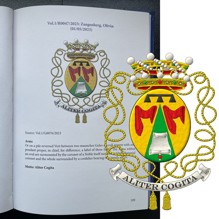 Or, on a pile issuant from base Vert between two maunches Gules a displayed scroll Argent with seal pendant proper, the whole debruised by a label of three points Sable. Crest: A crown of Noble surmounted by a crown of Baron. The whole surrounded by a cordelier bearing two tassels Or. Motto: �Aliter Cogita�.