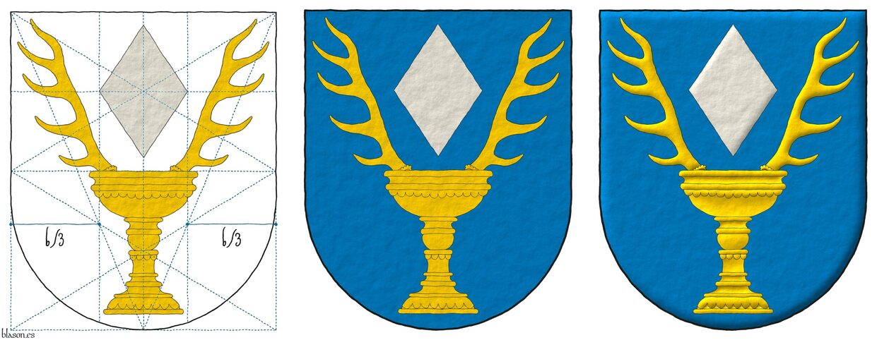 Escudo de azur, en jefe un losange de plata acompa�ado de dos cuernas de ciervo en pila salientes de un c�liz todo de oro.