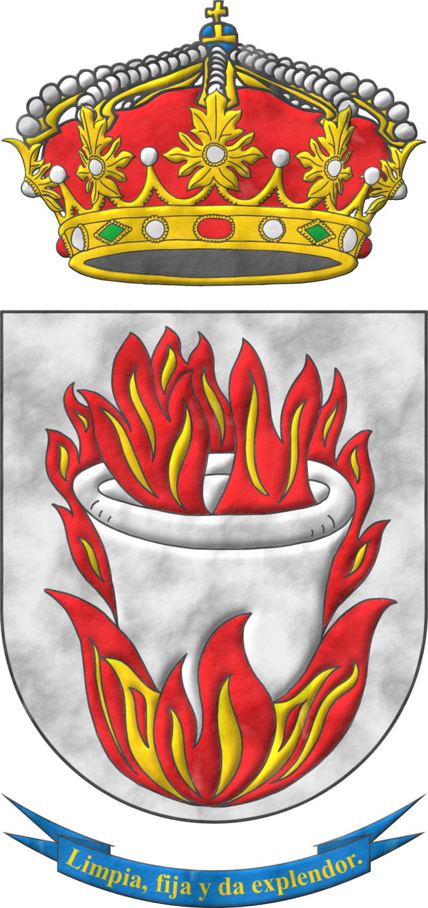 Escudo de plata, un crisol de plata, sobre una hoguera encendida de gules y oro. Timbrado de corona real cerrada. Lema «Limpia, fija y da esplendor».