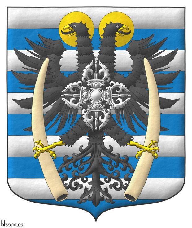 Barry of ten Argent and Azure, overall a double-headed eagle displayed Sable, nimbed, beaked, and membered Or, grasping in each claw an elephant's tusk proper, and charged on its breast with a double vajra Argent.