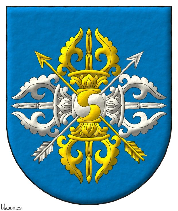 Escudo de azur, dos flechas alzadas en sotuer, la flecha puesta en banda de oro, la flecha puesta en barra de plata, brochante sobre el todo una vajra doble cuartelada en sotuer de oro y plata cargada de un bezante cuartelado en sotuer curvilneo de oro y plata.