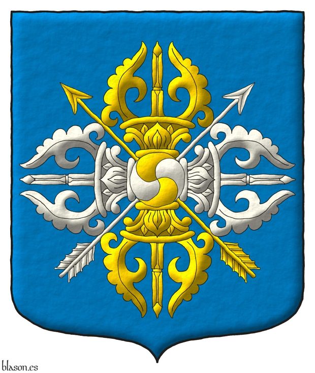 Azure, two arrows in saltire points upward, the arrow bendwise Or, the arrow bend sinisterwise Argent, overall a double vajra per saltire Or and Argent charged with a bezant per saltire curved Or and Argent.