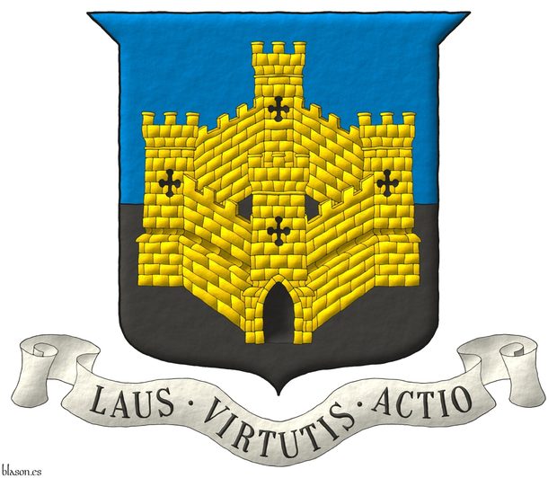 Escudo cortado de azur y sable, brochante sobre la particin un castillo de cuatro torres de oro, aclarado de sable. Lema: Laus  Virtutis  Actio.