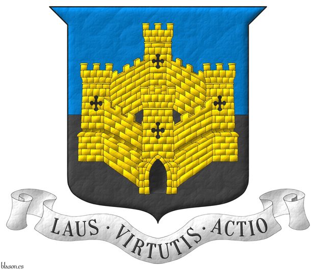 Party per fess Azure and Sable, overall a four-towered castle Or, port and windows Sable. Motto: Laus  Virtutis  Actio.