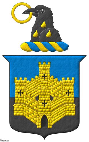 Party per fess Azure and Sable, overall a four-towered castle Or, port and windows Sable. Crest: Upon a wreath Or and Azure, a raven's head Sable, charged upon the neck with three gouttes, 1 and 2, and holding in its beak an annulet Or.