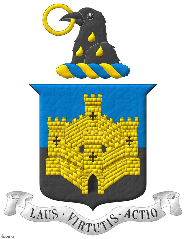 Party per fess Azure and Sable, overall a four-towered castle Or, port and windows Sable. Crest: Upon a wreath Or and Azure, a raven's head Sable, charged upon the neck with three gouttes, 1 and 2, and holding in its beak an annulet Or. Motto: Laus  Virtutis  Actio.