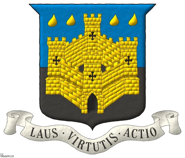 Escudo cortado de azur y sable, brochante sobre la partici�n un castillo de cuatro torres de oro, aclarado de sable, en jefe dos pares de gotas de oro. Lema: �Laus � Virtutis � Actio�.