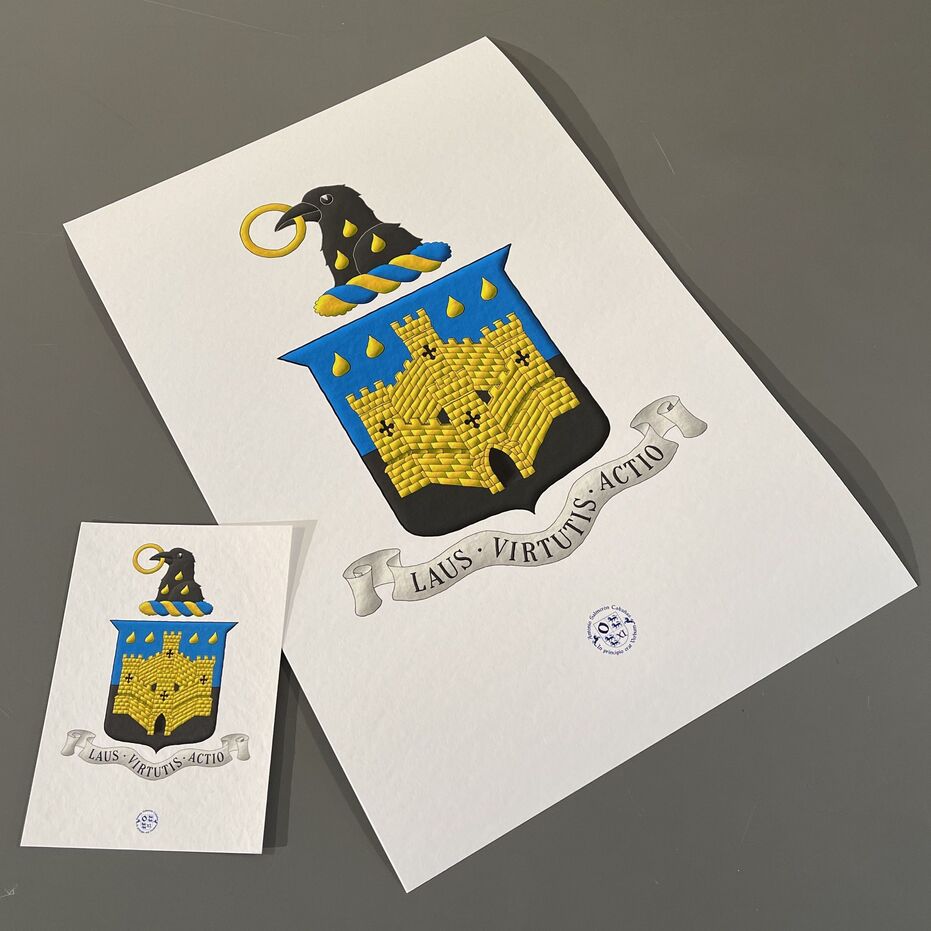 Party per fess Azure and Sable, overall a four-towered castle Or, port and windows Sable, in chief two pairs of gouttes Or. Crest: Upon a wreath Or and Azure, a raven's head Sable, charged upon the neck with three gouttes, 1 and 2, and holding in its beak an annulet Or. Motto: �Laus � Virtutis � Actio�.