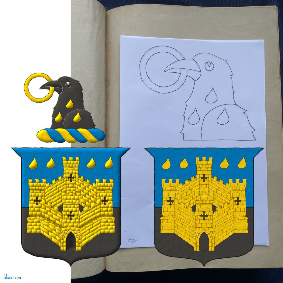 Escudo cortado de azur y sable, brochante sobre la partici�n un castillo de cuatro torres de oro, aclarado de sable, en jefe dos pares de gotas de oro. Timbrado de un burelete de oro y azur, cimado de una cabeza de cuervo de sable, cargada en su cuello de tres gotas de oro, 1 y 2, y teniendo en su pico un anillo de oro.