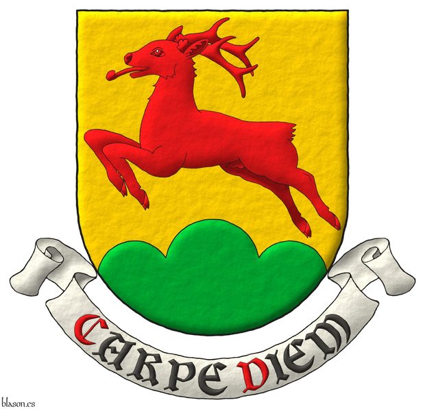 Or, a roe deer salient Gules, in base a triple mount Vert. Motto: «Carpe diem».