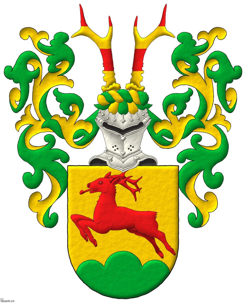 Or, a roe deer salient Gules, in base a triple mount Vert. Crest: Upon a helm affronty, with a wreath Or and Vert, two roe deers' attires barry of four Gules and Or. Mantling: Vert doubled Or..