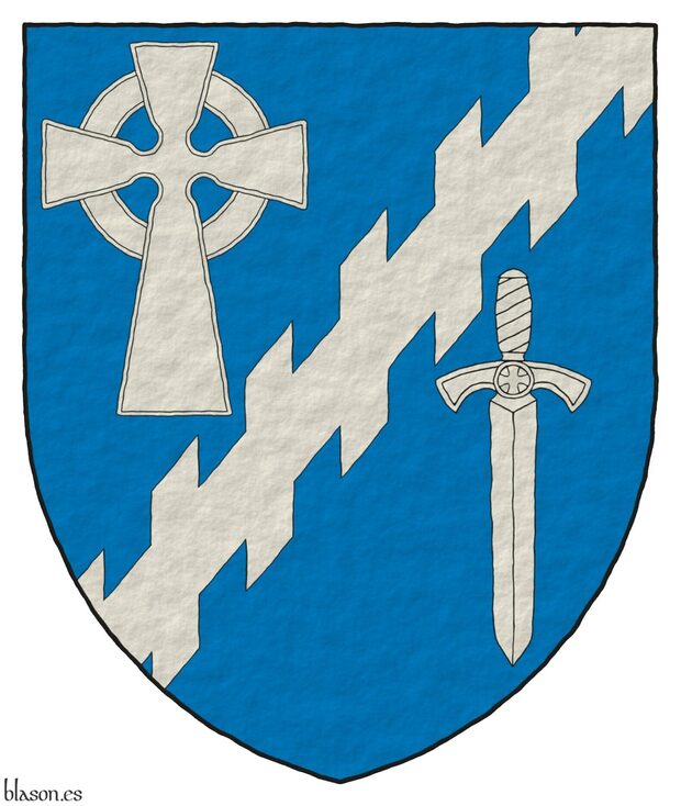 Azure, a bend sinister raguly between, in dexter chief, a Celtic cross, in sinister base, a sword point downwards Argent.