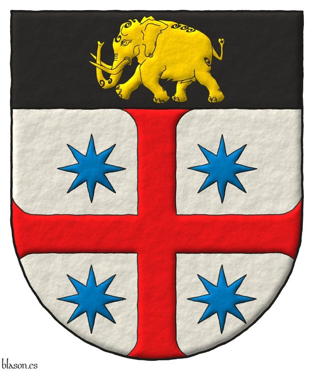 Argent, a cross patty Gules, cantoned of four mullets of eight points Azure; on a chief Sable, an elephant passant Or.