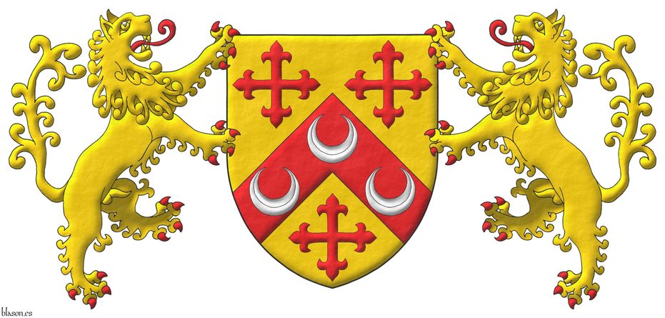 Or, on a chevron, between three crosses flory Gules, three crescents Argent. Supporters: Two Lions rampant Or, langued and armed Gules.