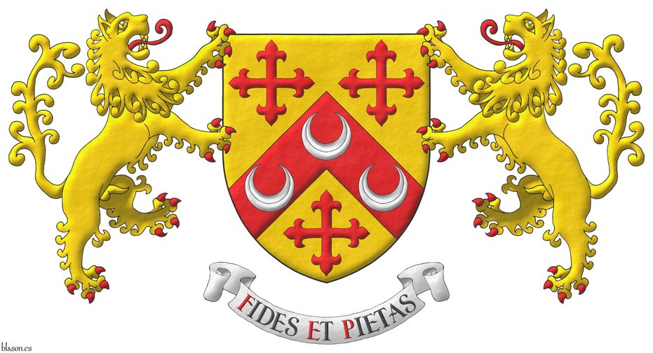 Or, on a chevron, between three crosses flory Gules, three crescents Argent. Supporters: Two Lions rampant Or, langued and armed Gules. Motto: «Fides et pietas».