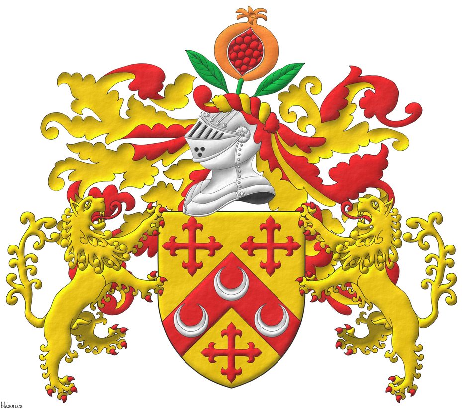 Or, on a chevron, between three crosses flory Gules, three crescents Argent. Crest: Upon a helm, with a wreath Or and Gules, a pomegranate Proper, seeded Gules, slipped and leaved Vert. Mantling: Gules doubled Or. Supporters: Two Lions rampant Or, langued and armed Gules.