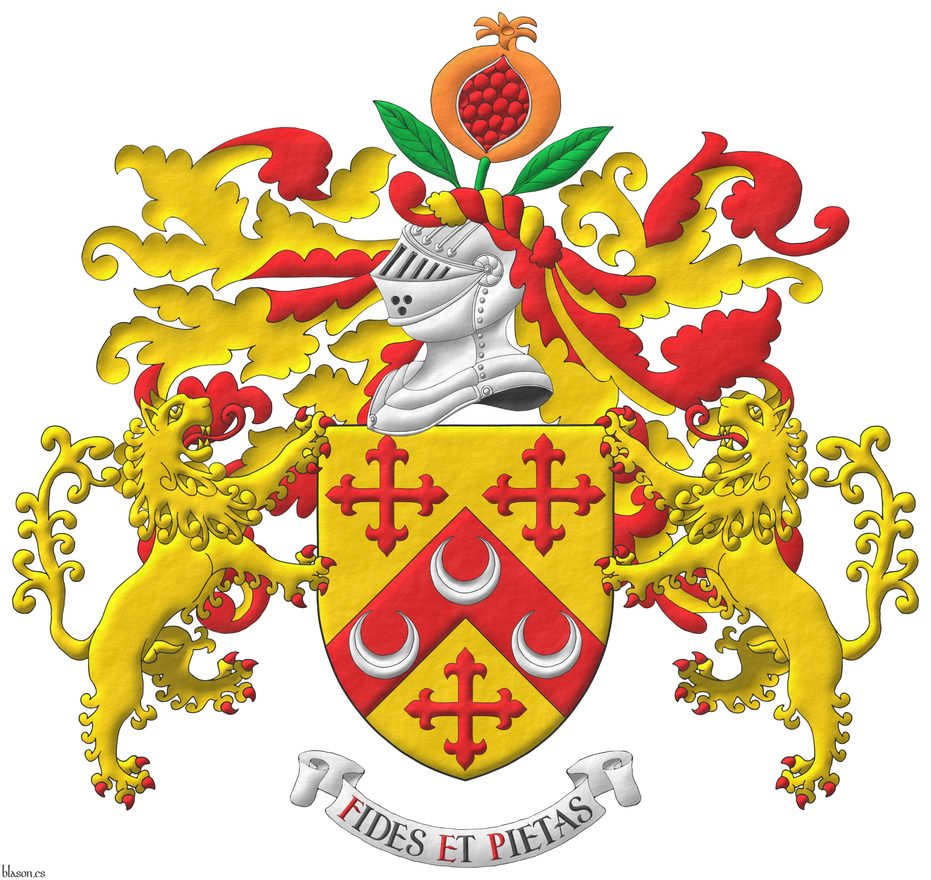 Or, on a chevron, between three crosses flory Gules, three crescents Argent. Crest: Upon a helm, with a wreath Or and Gules, a pomegranate Proper, seeded Gules, slipped and leaved Vert. Mantling: Gules doubled Or. Supporters: Two Lions rampant Or, langued and armed Gules. Motto: «Fides et pietas».