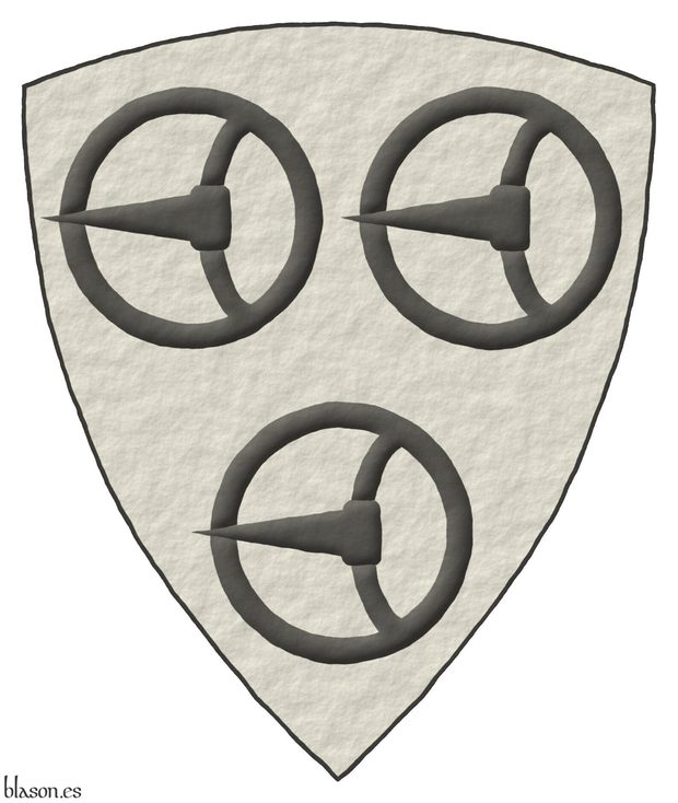 Argent, three buckles Sable.