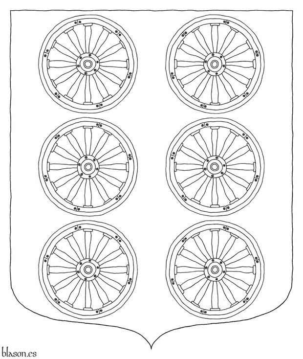 Escudo de gules, seis ruedas de carro de oro, 3 y 3.