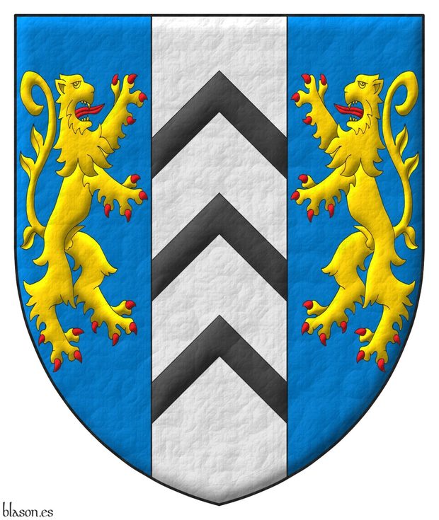 Azure, on a pale Argent, between two lions combatant Or, armed and langued Gules, three chevronels Sable.