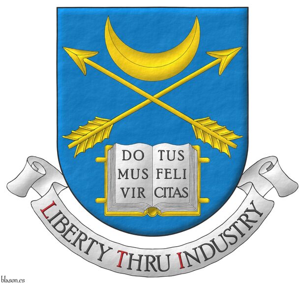 Escudo de azur, dos flechas alzadas en sotuer acompaadas de, en jefe un creciente, en punta un libro abierto de todo de oro, hojado de plata inscrito de Domus Virtus Felicitas de sable. Lema: Liberty Thru Industry.