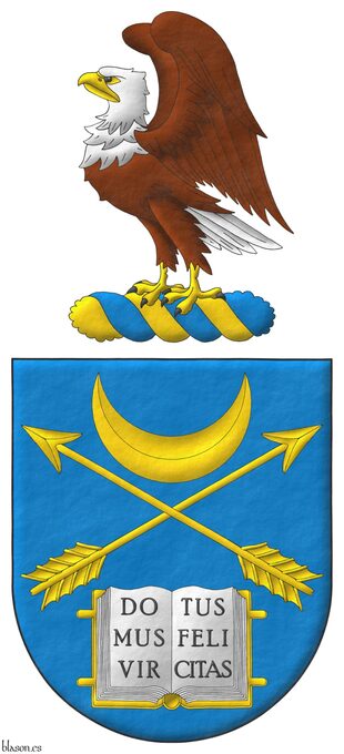 Escudo de azur, dos flechas alzadas en sotuer acompaadas de, en jefe un creciente, en punta un libro abierto de todo de oro, hojado de plata inscrito de Domus Virtus Felicitas de sable. Timbrado de un burelete de oro y azur, cimado de un guila calva, de perfil, alzando el vuelo al natural.