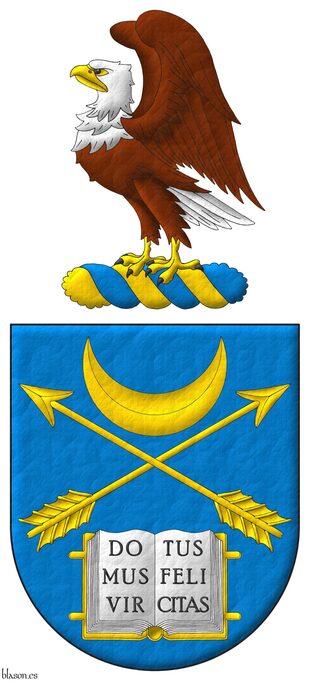 Azure, two arrows points upwards in saltire between, in chief a crescent Or, in base an open book Argent, garnished Or, the pages inscribed Domus Virtus Felicitas Sable. Crest: Upon a wreath Or and Azure, a bald eagle rising, wings addorsed and inverted proper.