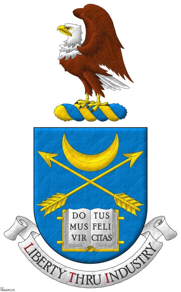 Azure, two arrows points upwards in saltire between, in chief a crescent Or, in base an open book Argent, garnished Or, the pages inscribed Domus Virtus Felicitas Sable. Crest: Upon a wreath Or and Azure, a bald eagle rising, wings addorsed and inverted proper. Motto: Liberty Thru Industry.