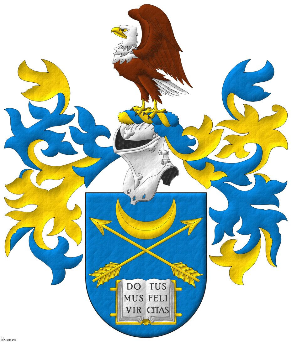 Azure, two arrows points upwards in saltire between, in chief a crescent Or, in base an open book Argent, garnished Or, the pages inscribed Domus Virtus Felicitas Sable. Crest: Upon a helm with a wreath Or and Azure, a bald eagle rising, wings addorsed and inverted proper. Mantling: Azure doubled Or.