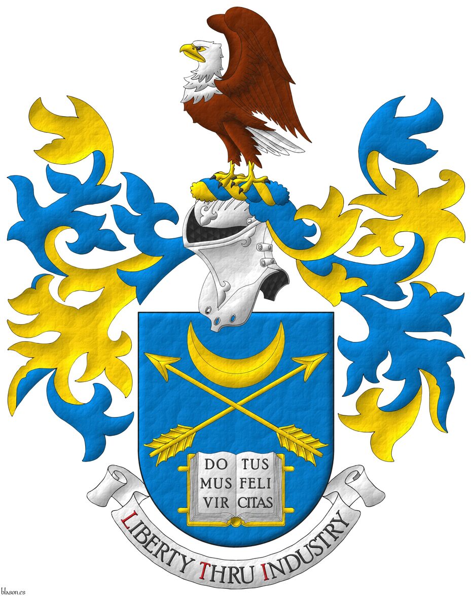 Azure, two arrows points upwards in saltire between, in chief a crescent Or, in base an open book Argent, garnished Or, the pages inscribed Domus Virtus Felicitas Sable. Crest: Upon a helm with a wreath Or and Azure, a bald eagle rising, wings addorsed and inverted proper. Mantling: Azure doubled Or. Motto: Liberty Thru Industry.