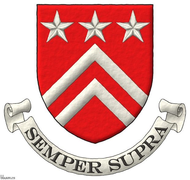 Escudo de gules, dos tenazas de plata, en jefe tres estrellas todo de plata. Lema: Semper Supra.