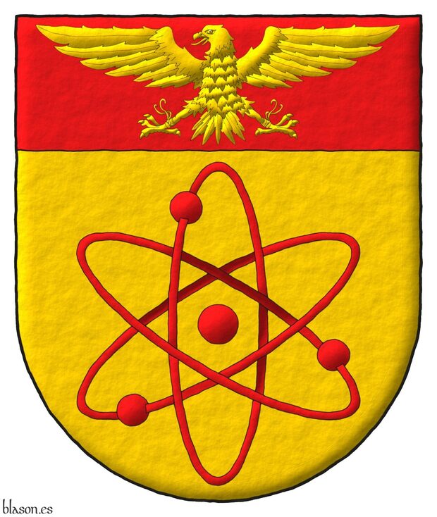 Escudo de oro, un átomo con tres orbitales de gules; en un jefe de gules, un halcón avesado de oro