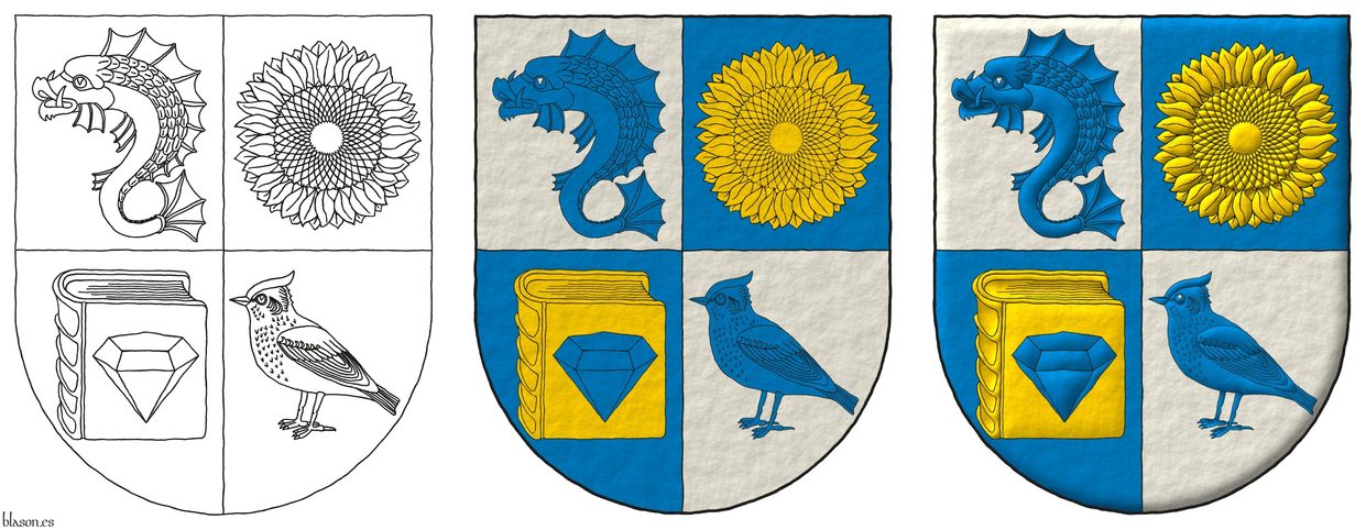 Escudo cuartelado: 1o de plata, un delfn hauriante de azur; 2o de azur, un girasol de oro; 3o de azur, un libro cerrado de oro cargado de un diamante de azur; 4o de plata, una alondra de azur.