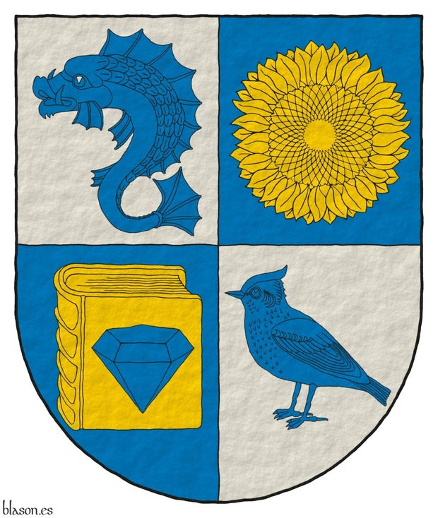 Escudo cuartelado: 1o de plata, un delfn hauriante de azur; 2o de azur, un girasol de oro; 3o de azur, un libro cerrado de oro cargado de un diamante de azur; 4o de plata, una alondra de azur.