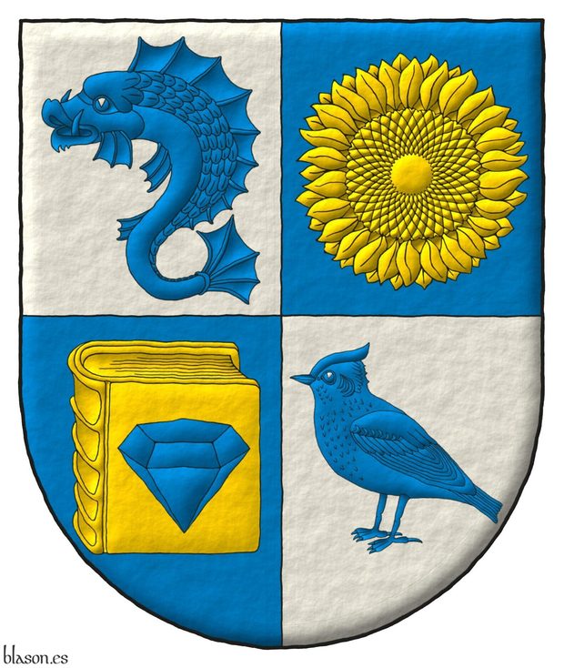 Escudo cuartelado: 1o de plata, un delfn hauriante de azur; 2o de azur, un girasol de oro; 3o de azur, un libro cerrado de oro cargado de un diamante de azur; 4o de plata, una alondra de azur.