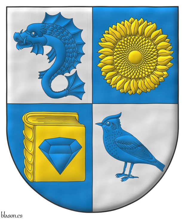 Quarterly: 1 Argent, a dolphin haurient Azure; 2 Azure, a sunflower Or; 3 Azure, on a closed book Or a diamond Azure; 4 Argent, a lark Azure.