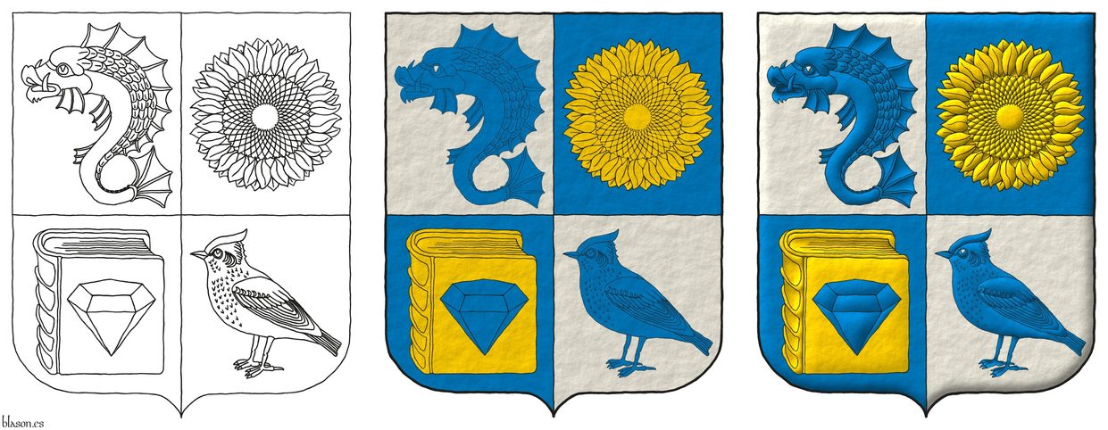 Quarterly: 1 Argent, a dolphin haurient Azure; 2 Azure, a sunflower Or; 3 Azure, on a closed book Or a diamond Azure; 4 Argent, a lark Azure.