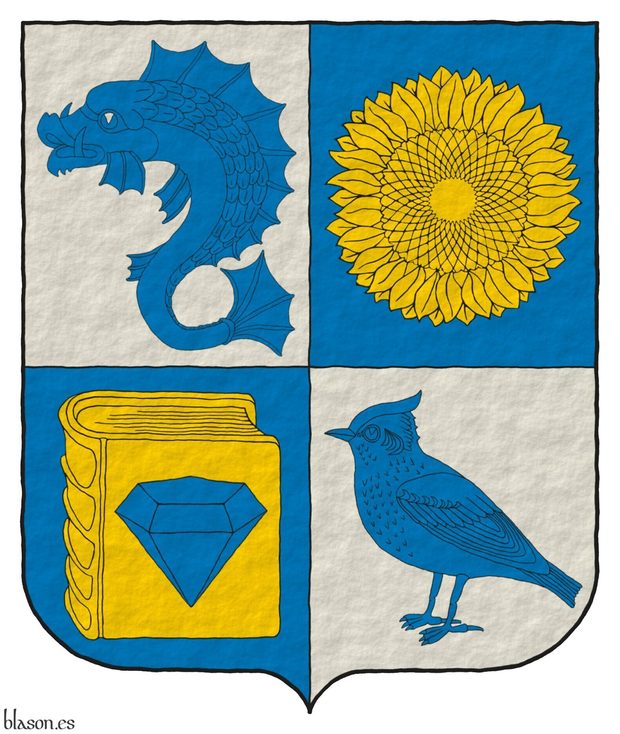 Quarterly: 1 Argent, a dolphin haurient Azure; 2 Azure, a sunflower Or; 3 Azure, on a closed book Or a diamond Azure; 4 Argent, a lark Azure.