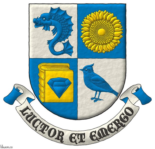 Escudo cuartelado: 1o de plata, un delfn hauriante de azur; 2o de azur, un girasol de oro; 3o de azur, un libro cerrado de oro cargado de un diamante de azur; 4o de plata, una alondra de azur. Lema: Luctor et Emergo.