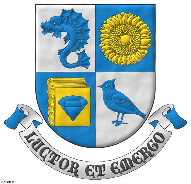 Quarterly: 1 Argent, a dolphin haurient Azure; 2 Azure, a sunflower Or; 3 Azure, on a closed book Or a diamond Azure; 4 Argent, a lark Azure. Motto: Luctor et Emergo.